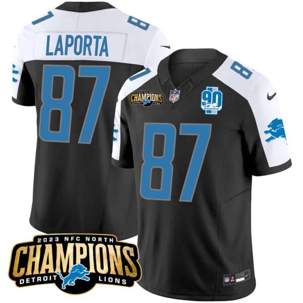 Men’s Detroit Lions 2023 NFC North Champions Patch Vapor Jersey V2 – All Stitched – Black Alternate – Sam Laporta