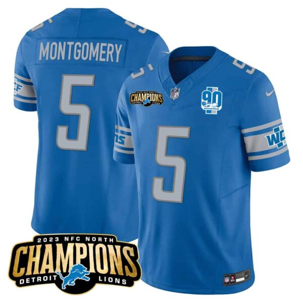 Men’s Detroit Lions 2023 NFC North Champions Patch Vapor Jersey V2 – All Stitched – Blue – David Montgomery