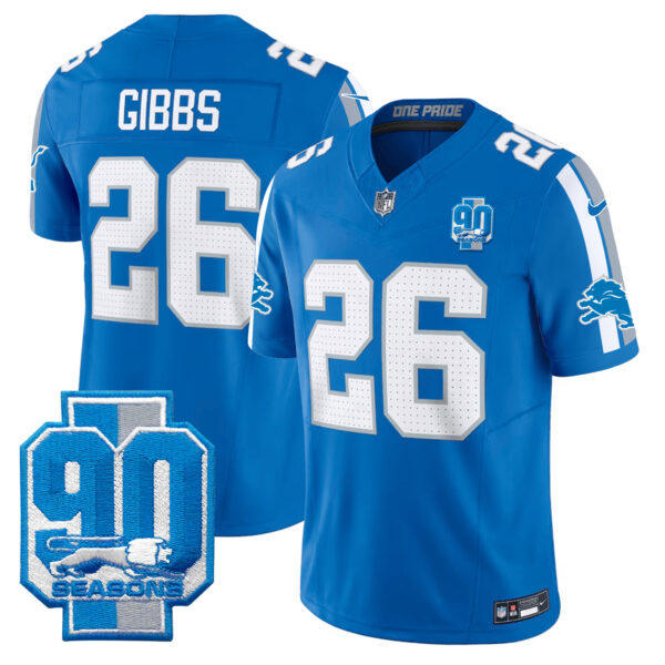Men’s Detroit Lions 90th Year Patch Vapor Limited Jersey – All Stitched – Blue – Jahmyr Gibbs