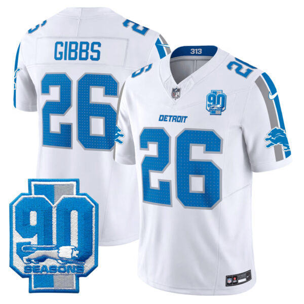 Men’s Detroit Lions 90th Year Patch Vapor Limited Jersey – All Stitched – White – Jahmyr Gibbs