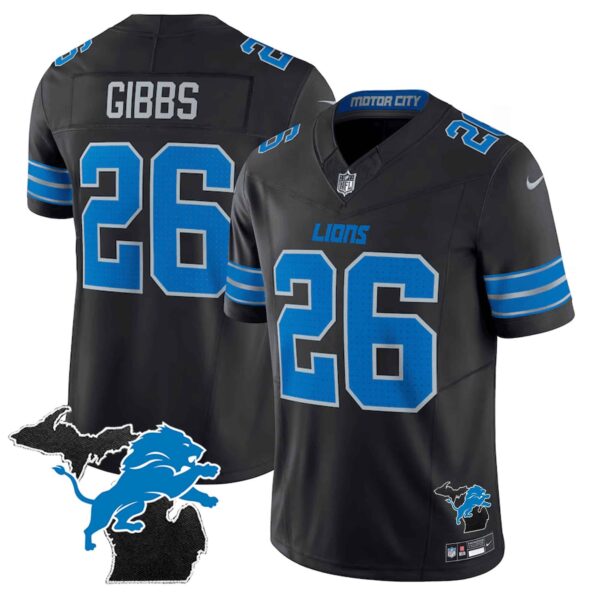 Men’s Detroit Lions 2024 Michigan Patch Vapor Limited Jersey – All Stitched – Black – Jahmyr Gibbs