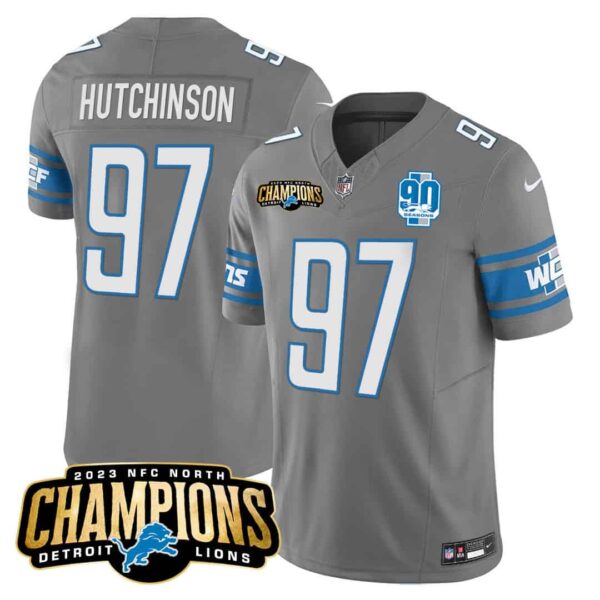 Men’s Detroit Lions 2023 NFC North Champions Patch Vapor Jersey V2 – All Stitched – Gray – Hutchinson