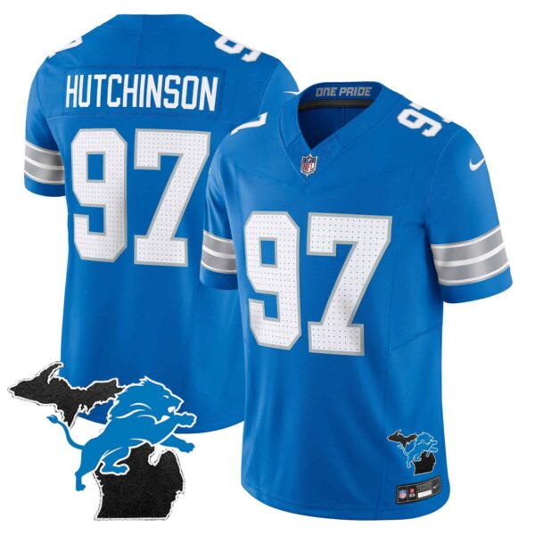 Men’s Detroit Lions 2024 Michigan Patch Vapor Limited Jersey – All Stitched – Blue – Hutchinson