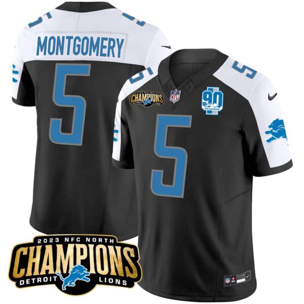 Men’s Detroit Lions 2023 NFC North Champions Patch Vapor Jersey V2 – All Stitched – Black Alternate – David Montgomery