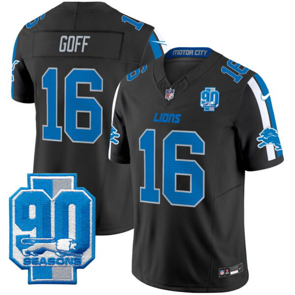 Men’s Detroit Lions 90th Year Patch Vapor Limited Jersey – All Stitched – Black – Jared Goff