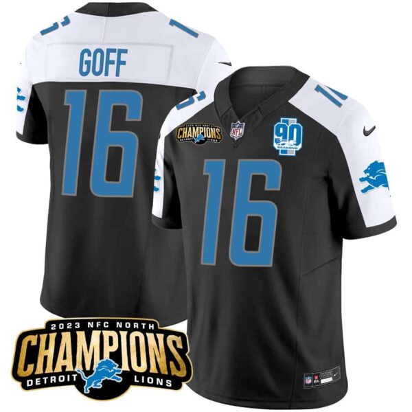 Men’s Detroit Lions 2023 NFC North Champions Patch Vapor Jersey V2 – All Stitched – Black Alternate – Jared Goff