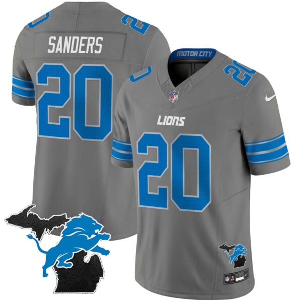 Men’s Detroit Lions 2024 Michigan Patch Vapor Limited Jersey – All Stitched – Gray – Barry Sanders