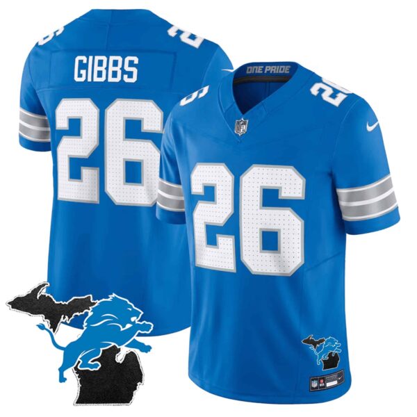 Men’s Detroit Lions 2024 Michigan Patch Vapor Limited Jersey – All Stitched – Blue – Jahmyr Gibbs