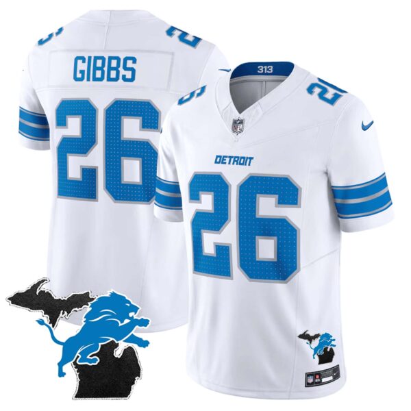 Men’s Detroit Lions 2024 Michigan Patch Vapor Limited Jersey – All Stitched – White – Jahmyr Gibbs