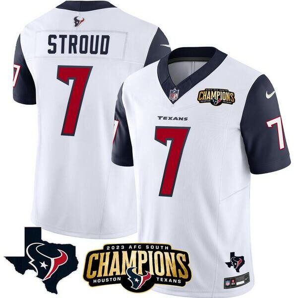 Houston Texans #7 CJ Stroud White Navy 2023 FUSE AFC South Champions Patchs Jersey