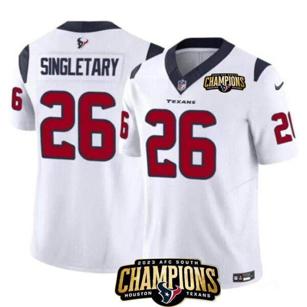 Houston Texans #26 Devin Singletary White 2023 FUSE AFC South Champions Patch Jersey