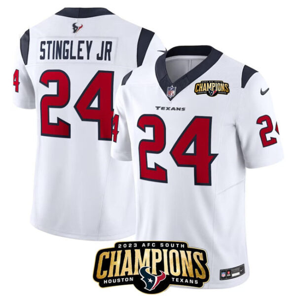 Houston Texans #24 Derek Stingley Jr White 2023 FUSE AFC South Champions Patch Jersey