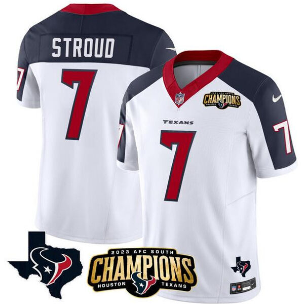 Houston Texans #7 CJ Stroud White Navy 2023 FUSE AFC South Champions Patch Jersey