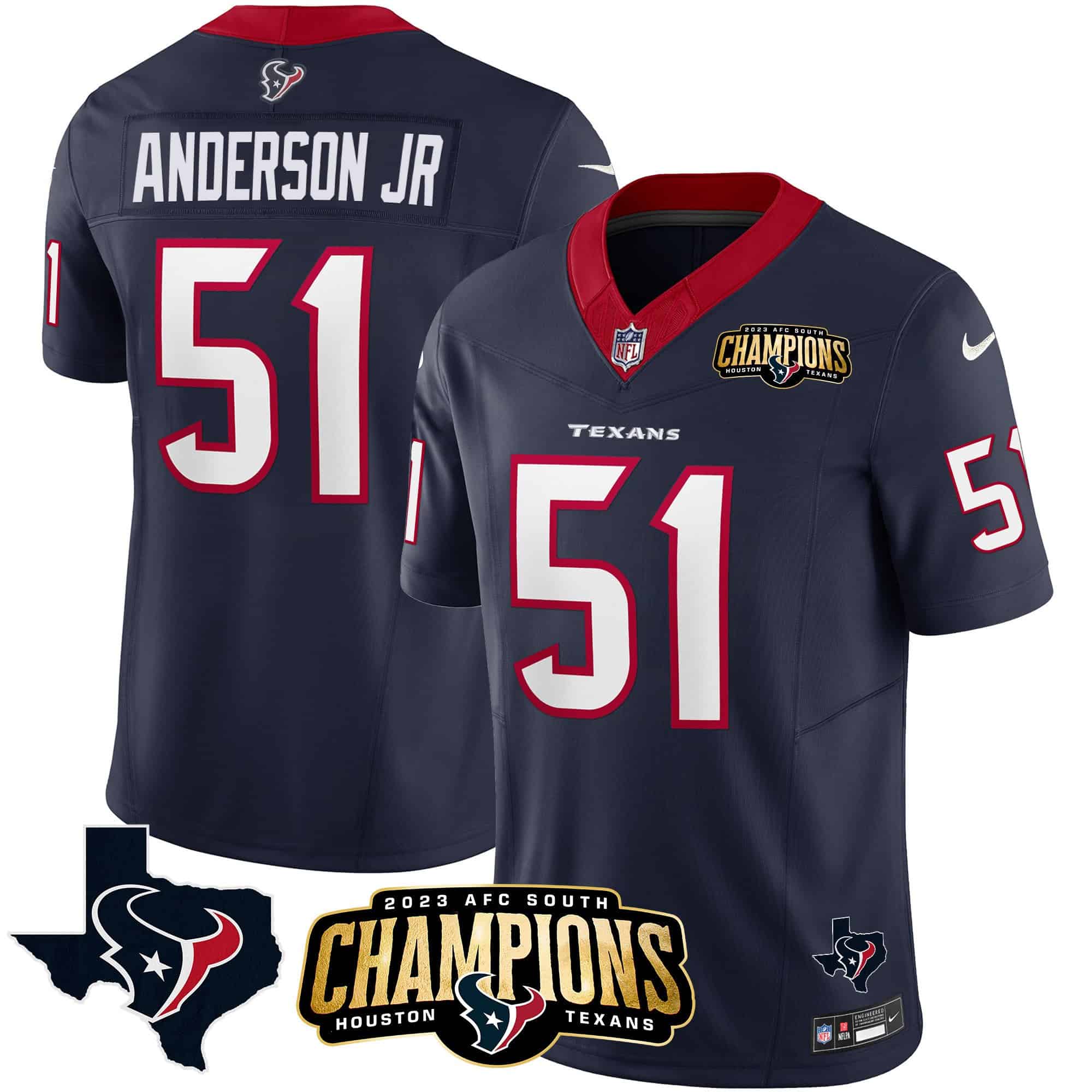 Men’s Houston Texans 2023 AFC South Champions Patch Vapor Jersey – All Stitched – Navy – Will Anderson Jr.