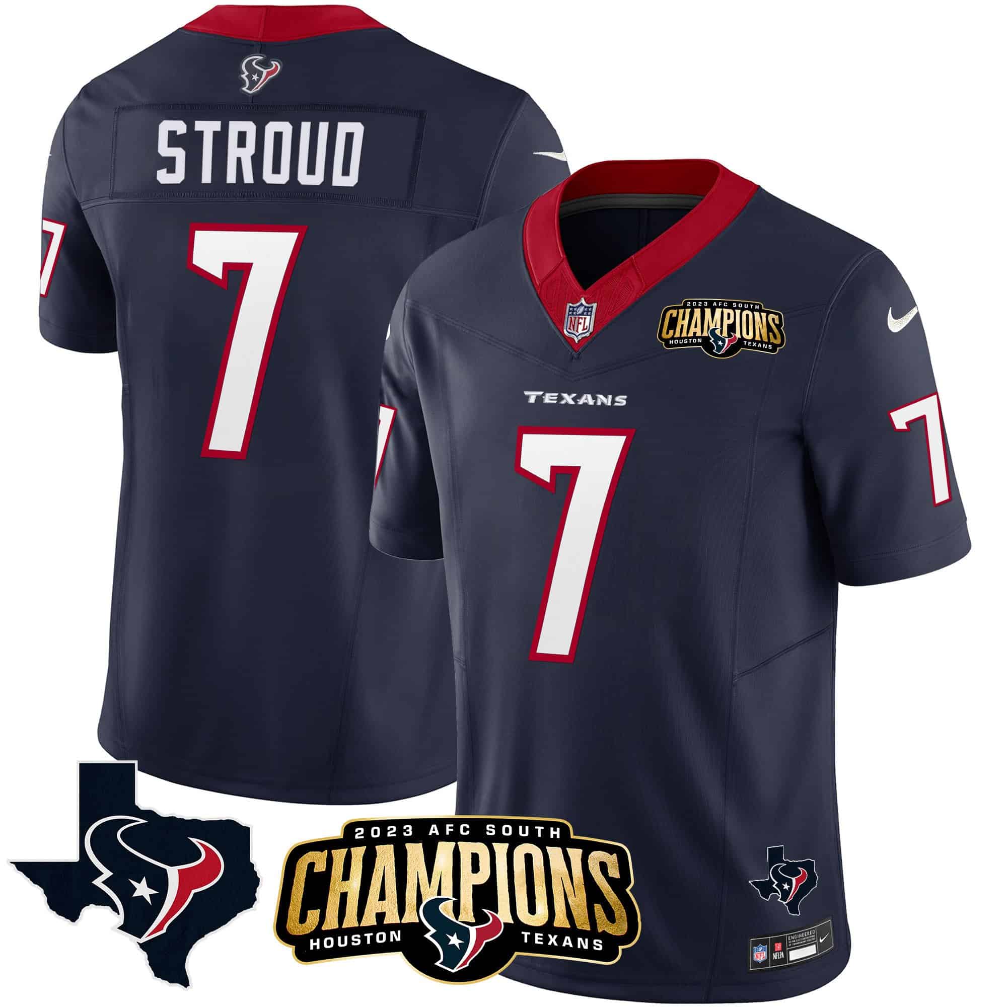 Men’s Houston Texans 2023 AFC South Champions Patch Vapor Jersey – All Stitched – Navy – C.J. Stroud