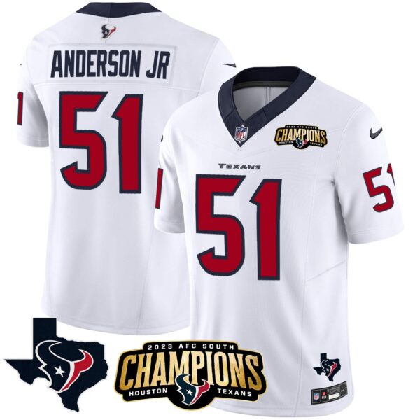 Men’s Houston Texans 2023 AFC South Champions Patch Vapor Jersey – All Stitched – White – Will Anderson Jr.