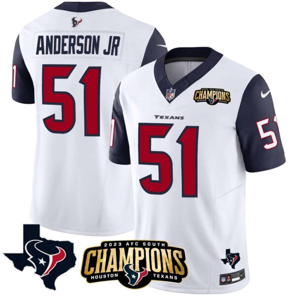 Men’s Houston Texans 2023 AFC South Champions Patch Vapor Jersey – All Stitched – Navy Sleeves – Will Anderson Jr.