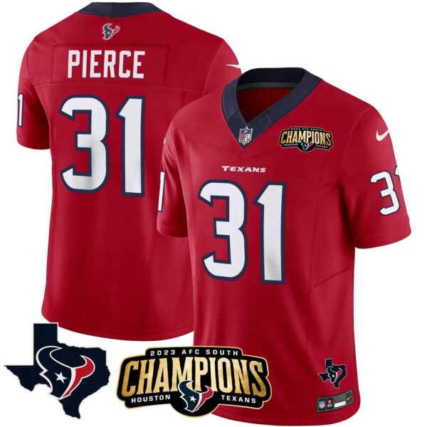 Men’s Houston Texans 2023 AFC South Champions Patch Vapor Jersey – All Stitched – Red – Dameon Pierce