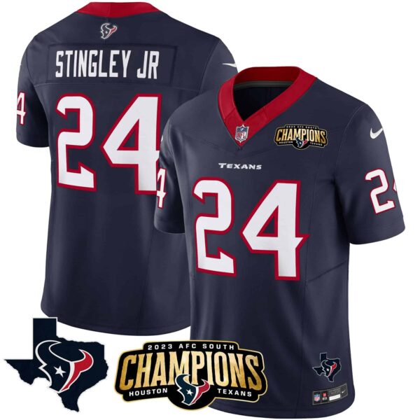 Men’s Houston Texans 2023 AFC South Champions Patch Vapor Jersey – All Stitched – Navy – Derek Stingley Jr.