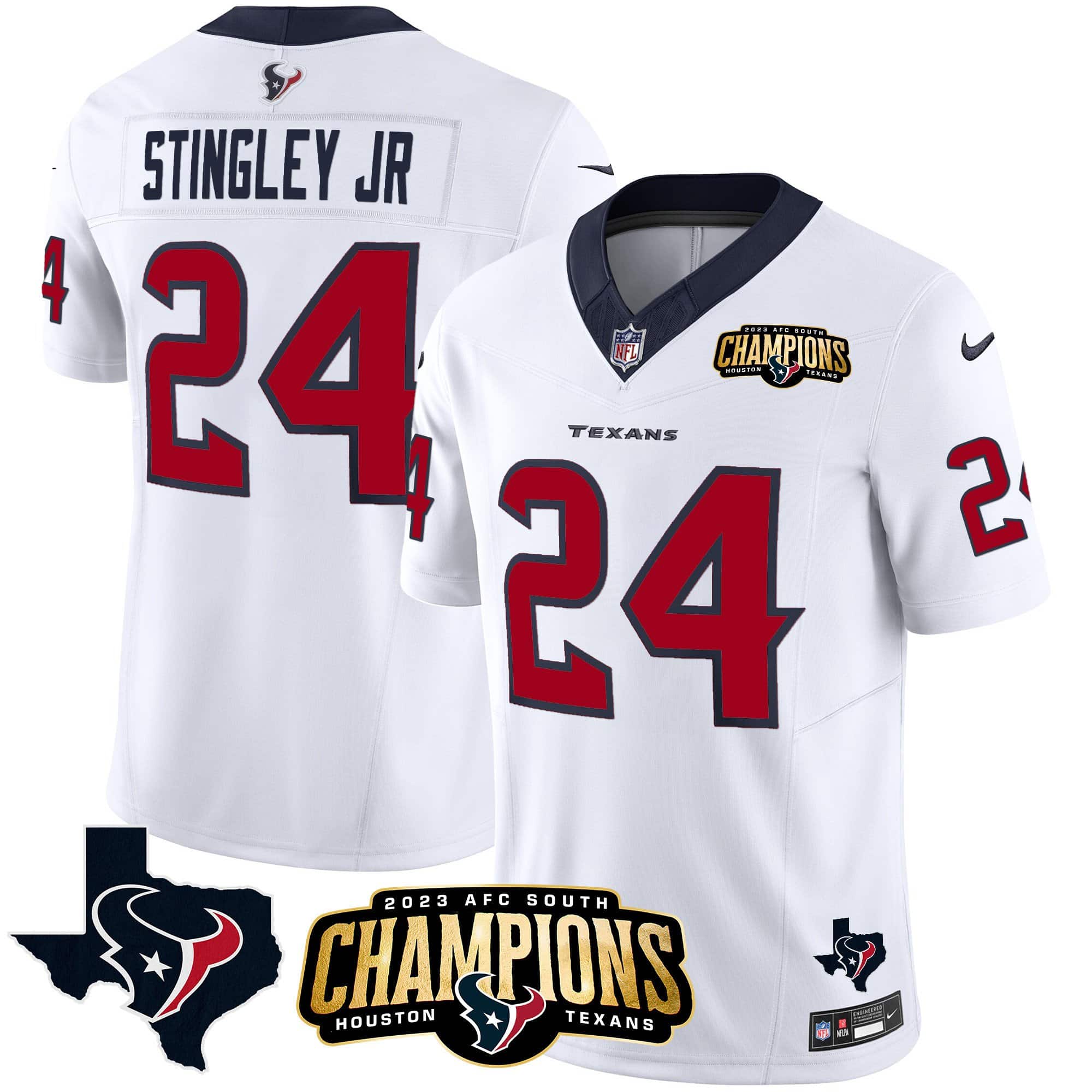 Men’s Houston Texans 2023 AFC South Champions Patch Vapor Jersey – All Stitched – White – Derek Stingley Jr.