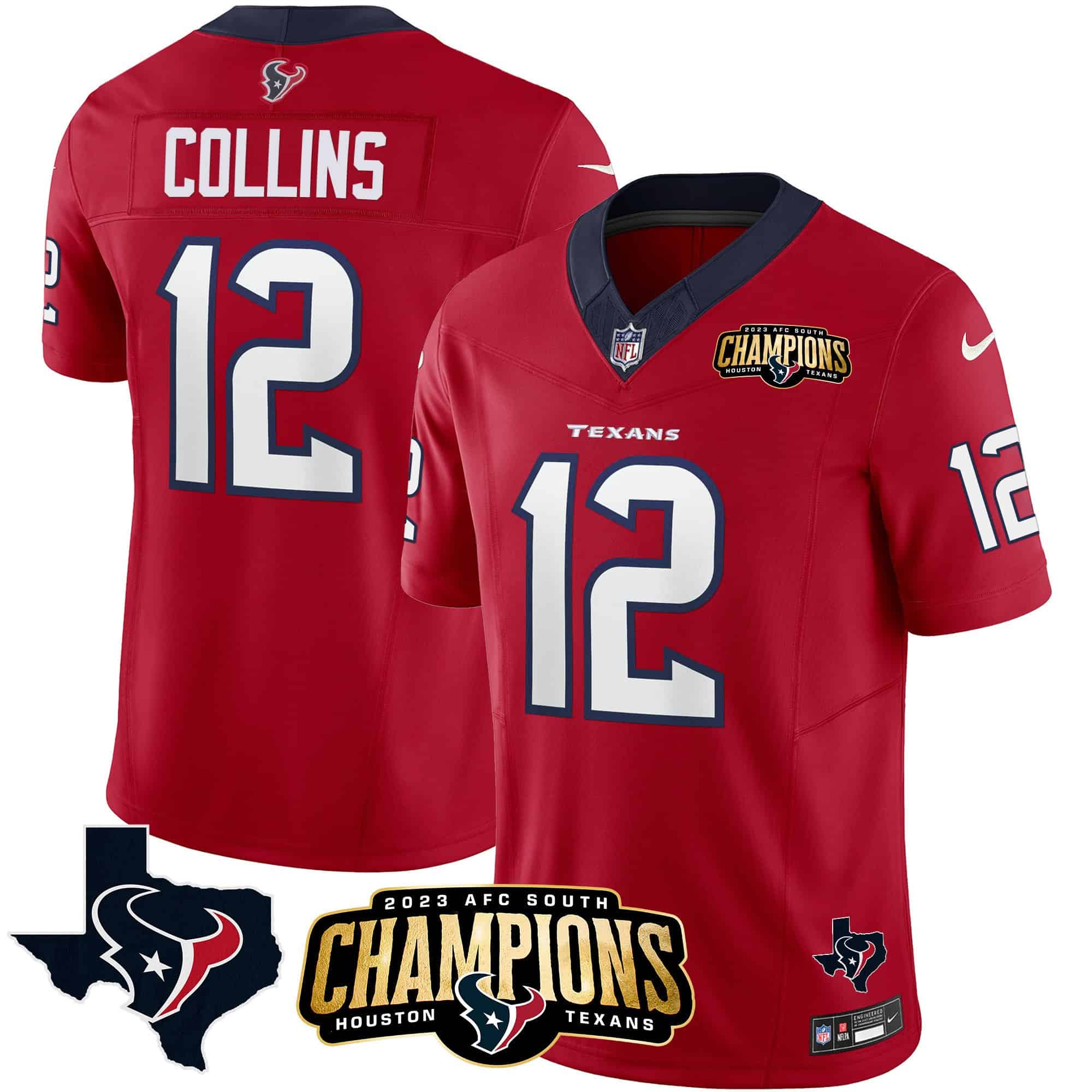 Men’s Houston Texans 2023 AFC South Champions Patch Vapor Jersey – All Stitched – Red – Nico Collins
