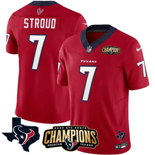 Men’s Houston Texans 2023 AFC South Champions Patch Vapor Jersey – All Stitched – Red – C.J. Stroud