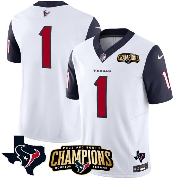 Men’s Houston Texans 2023 AFC South Champions Patch Vapor Jersey – All Stitched – Navy Sleeves – #1 Team