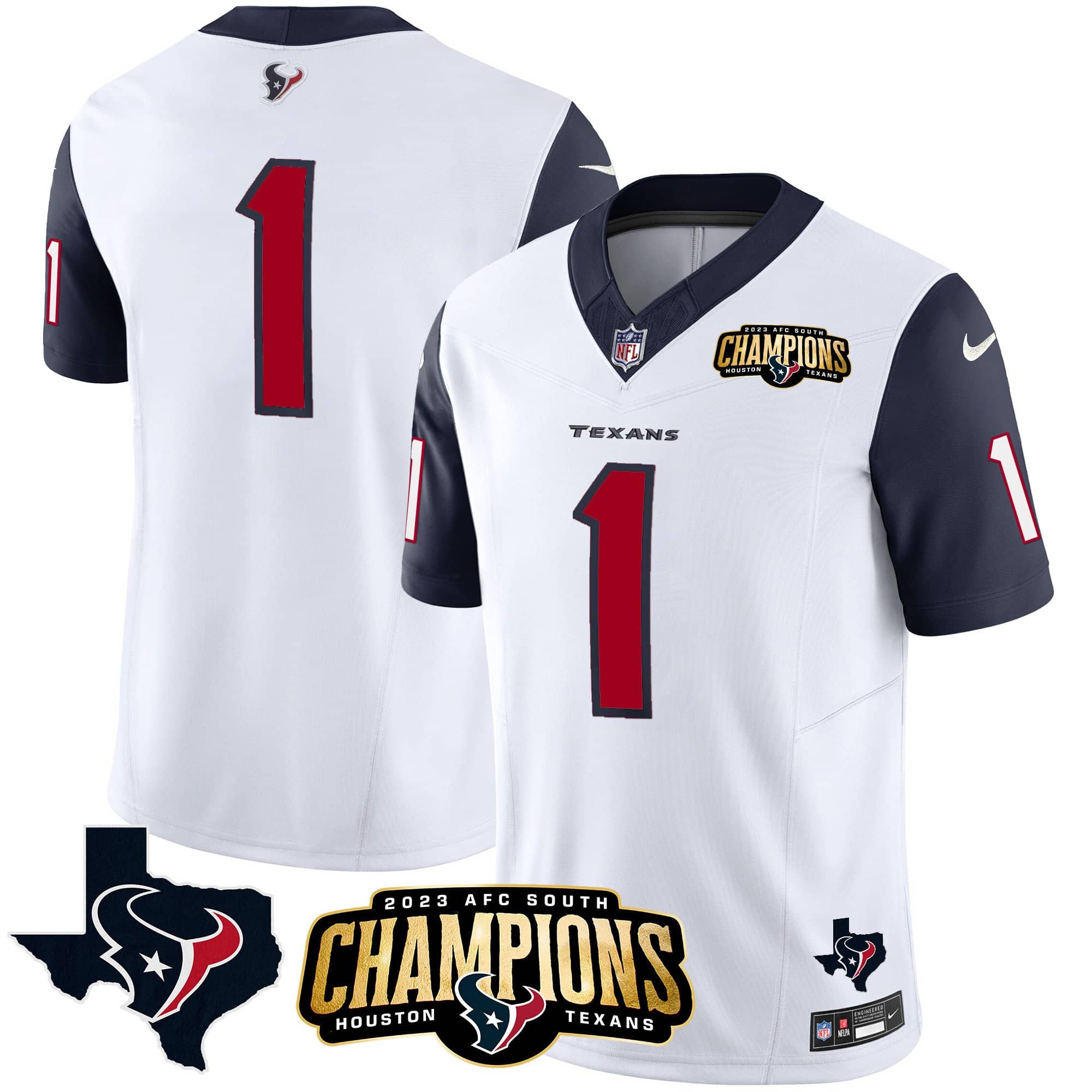 Men’s Houston Texans 2023 AFC South Champions Patch Vapor Jersey – All Stitched – Navy Sleeves – #1 Team