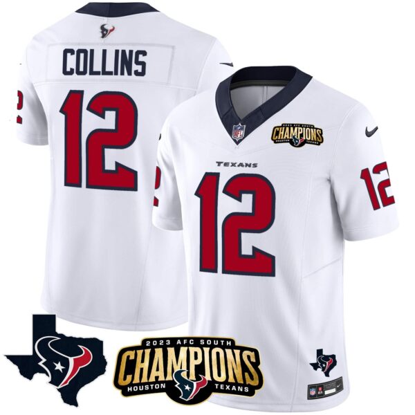 Men’s Houston Texans 2023 AFC South Champions Patch Vapor Jersey – All Stitched – White – Nico Collins