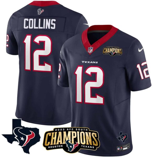 Men’s Houston Texans 2023 AFC South Champions Patch Vapor Jersey – All Stitched – Navy – Nico Collins