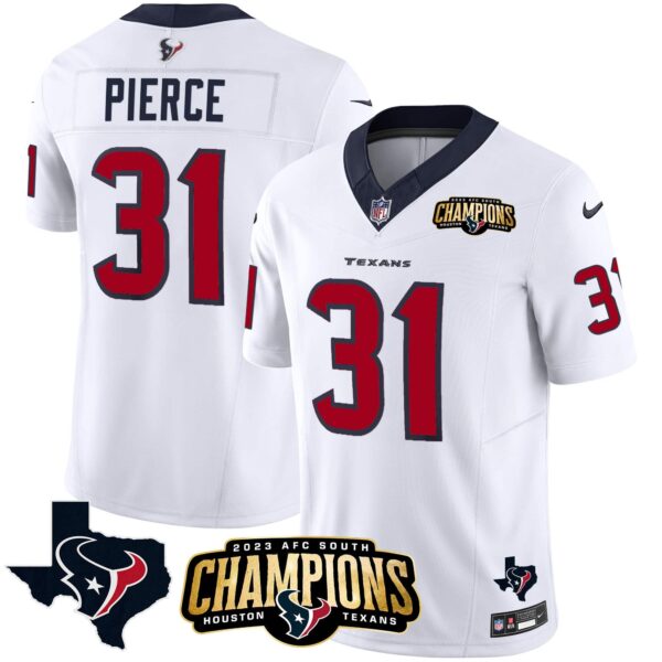Men’s Houston Texans 2023 AFC South Champions Patch Vapor Jersey – All Stitched – White – Dameon Pierce