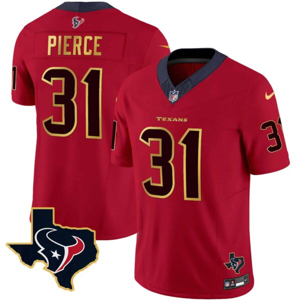 Men’s Houston Texans Gold Trim Vapor Jersey – All Stitched – Red – Dameon Pierce