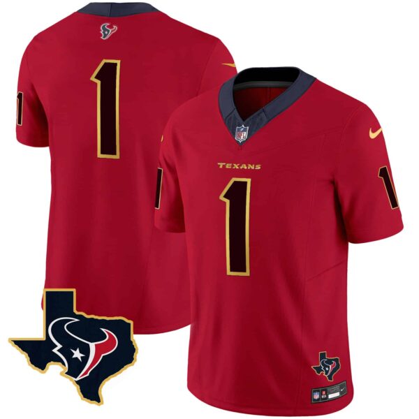 Men’s Houston Texans Gold Trim Vapor Jersey – All Stitched – Red – #1 Team