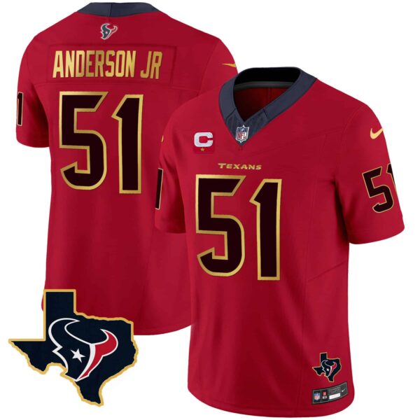 Men’s Houston Texans Gold Trim Vapor Jersey – All Stitched – Red – Will Anderson Jr.