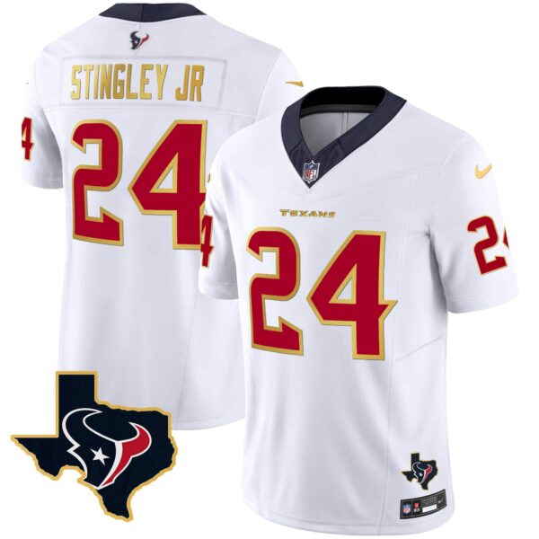 Men’s Houston Texans Gold Trim Vapor Jersey – All Stitched – White – Derek Stingley Jr.
