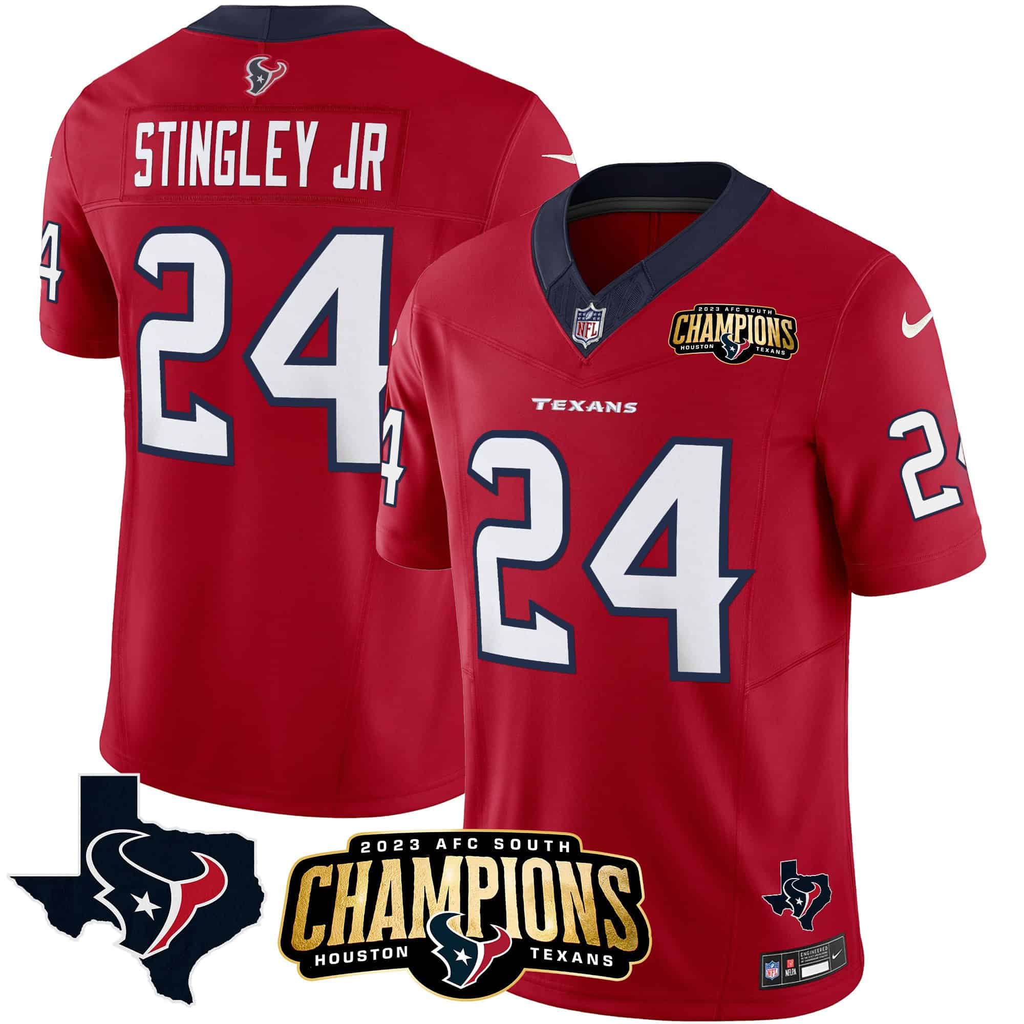 Men’s Houston Texans 2023 AFC South Champions Patch Vapor Jersey – All Stitched – Red – Derek Stingley Jr.