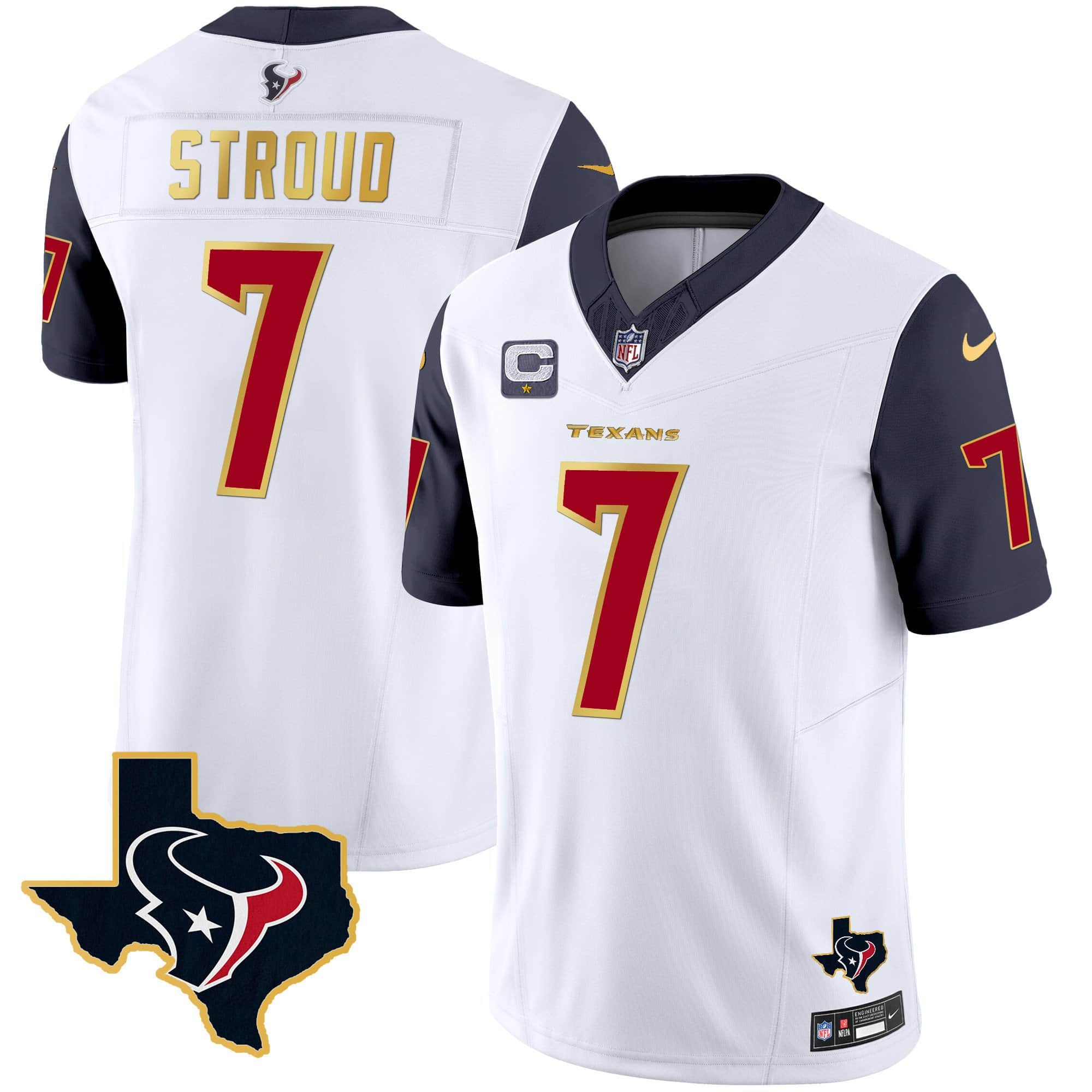 Men’s Houston Texans Gold Trim Vapor Jersey – All Stitched – Navy Sleeves – C.J. Stroud