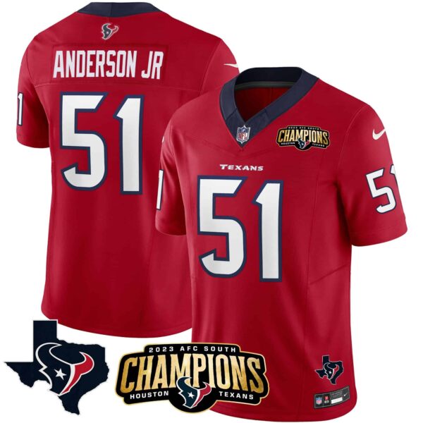 Men’s Houston Texans 2023 AFC South Champions Patch Vapor Jersey – All Stitched – Red – Will Anderson Jr.