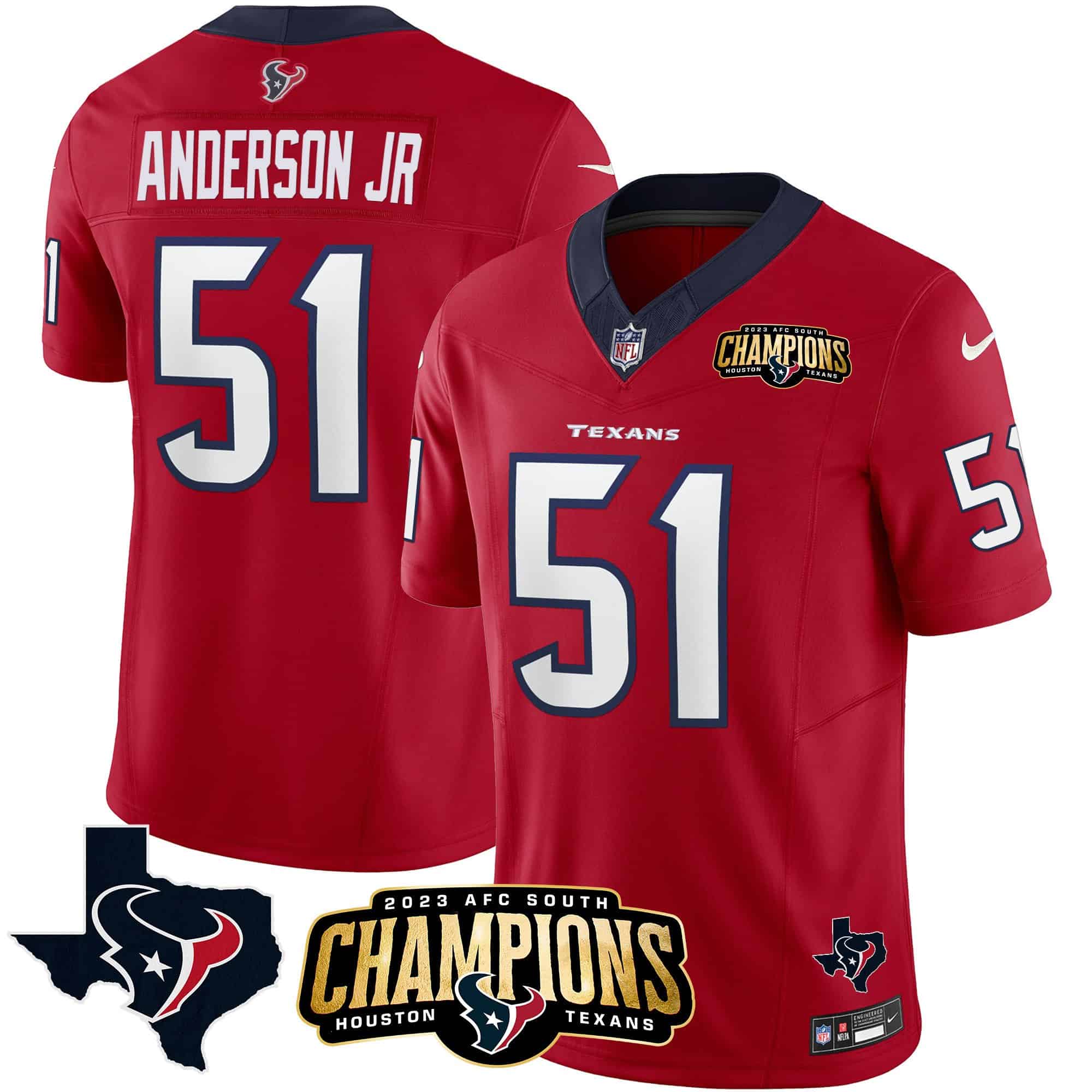 Men’s Houston Texans 2023 AFC South Champions Patch Vapor Jersey – All Stitched – Red – Will Anderson Jr.
