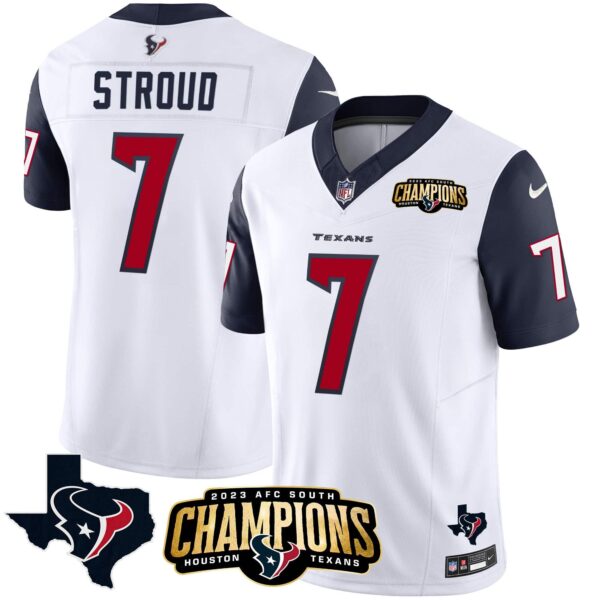 Men’s Houston Texans 2023 AFC South Champions Patch Vapor Jersey – All Stitched – Navy Sleeves – C.J. Stroud