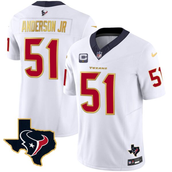 Men’s Houston Texans Gold Trim Vapor Jersey – All Stitched – White – Will Anderson Jr.