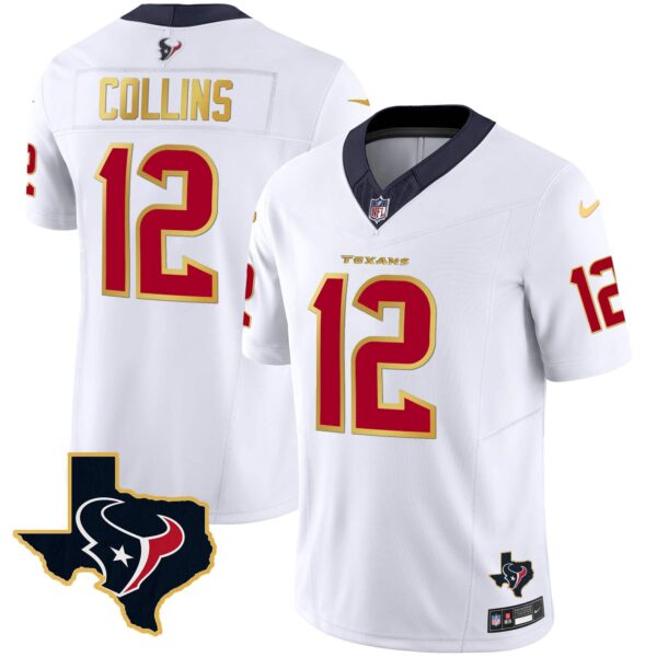 Men’s Houston Texans Gold Trim Vapor Jersey – All Stitched – White – Nico Collins