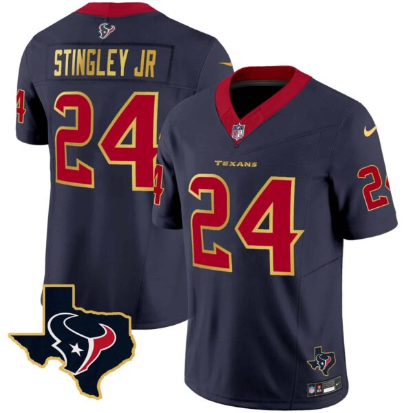 Men’s Houston Texans Gold Trim Vapor Jersey – All Stitched – Navy – Derek Stingley Jr.