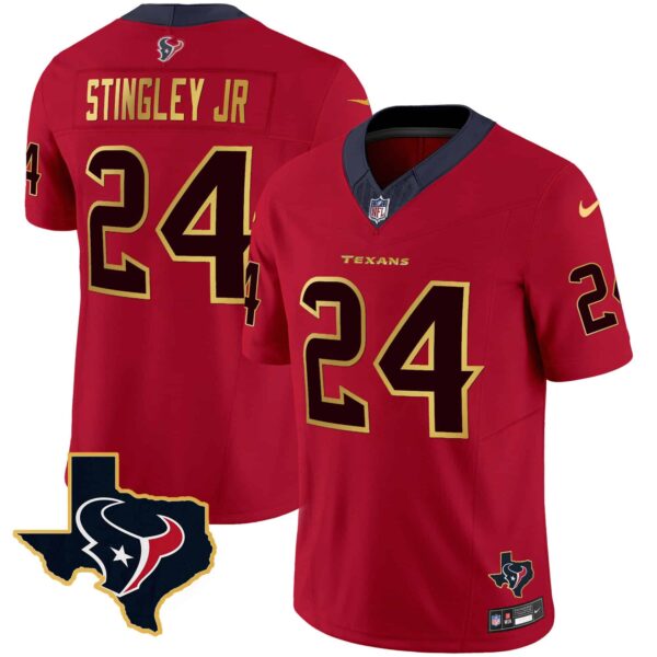 Men’s Houston Texans Gold Trim Vapor Jersey – All Stitched – Red – Derek Stingley Jr.