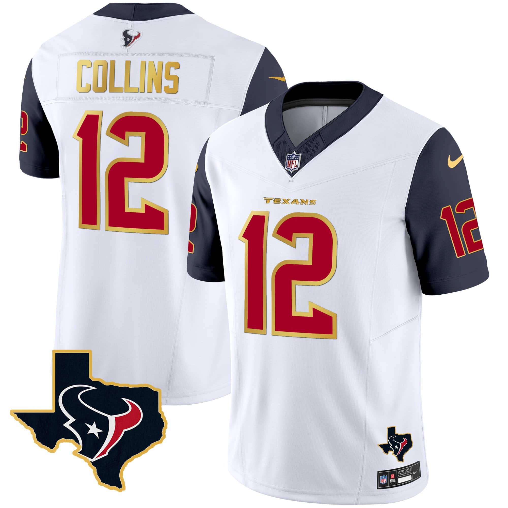 Men’s Houston Texans Gold Trim Vapor Jersey – All Stitched – Navy Sleeves – Nico Collins