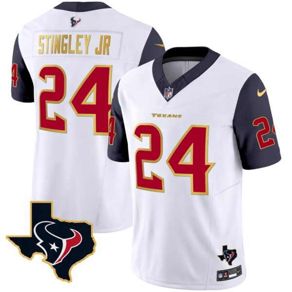 Men’s Houston Texans Gold Trim Vapor Jersey – All Stitched – Navy Sleeves – Derek Stingley Jr.