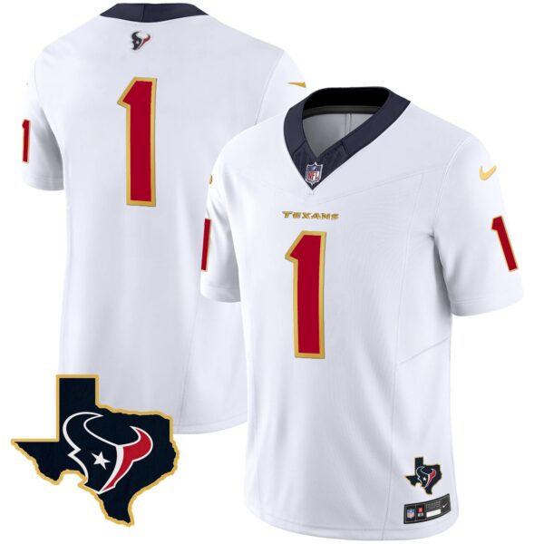 Men’s Houston Texans Gold Trim Vapor Jersey – All Stitched – White – #1 Team