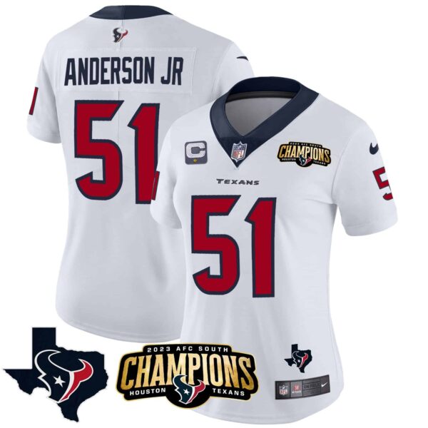 Women’s Houston Texans 2023 AFC South Champions Patch Vapor Jersey – All Stitched – White – Will Anderson Jr.
