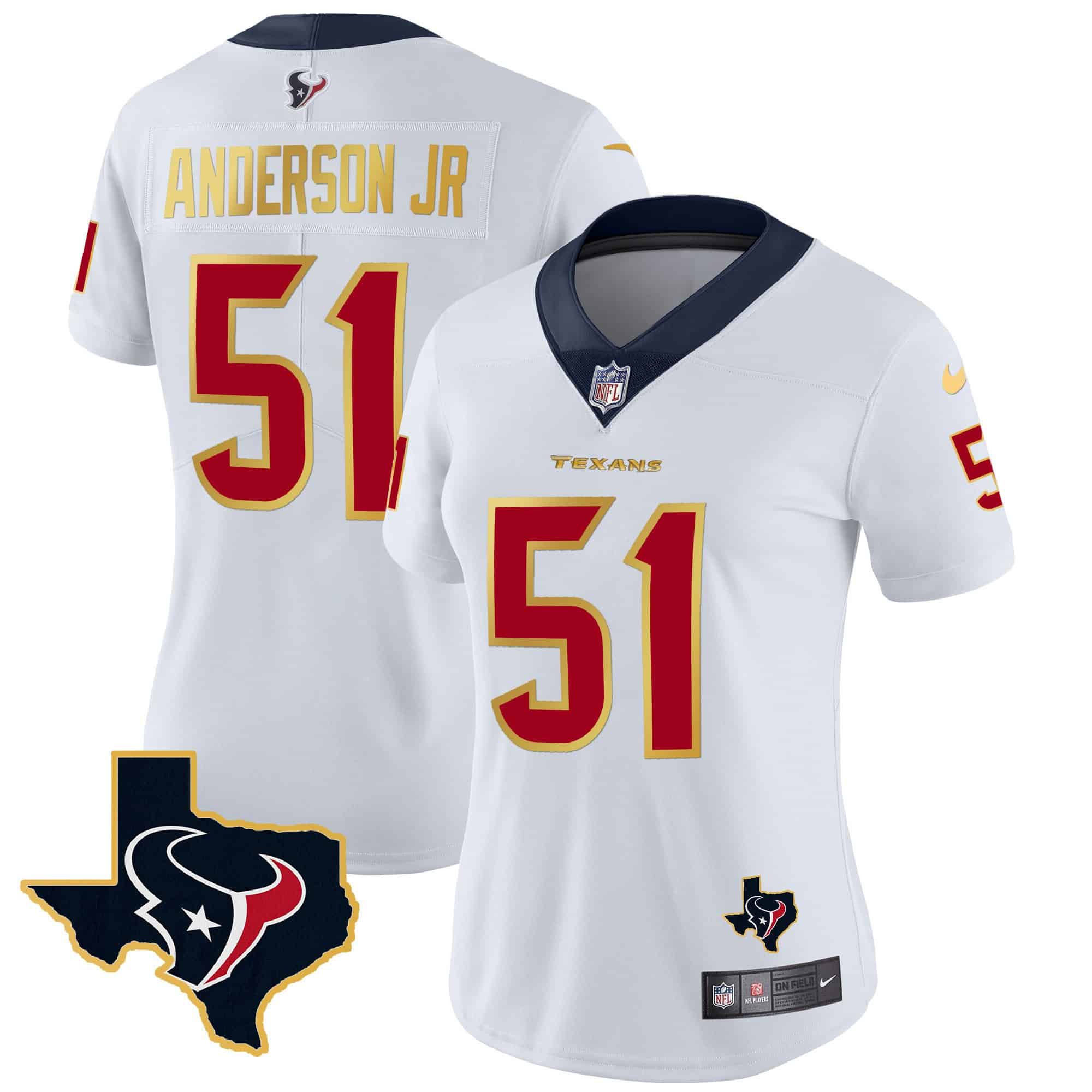 Women’s Houston Texans Gold Trim Vapor Jersey – All Stitched – White – Will Anderson Jr.