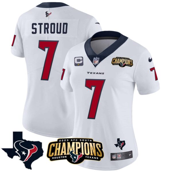 Women’s Houston Texans 2023 AFC South Champions Patch Vapor Jersey – All Stitched – White – C.J. Stroud